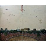 20th century British school - A music festival with sky filled with planes, birds, butterflies, a