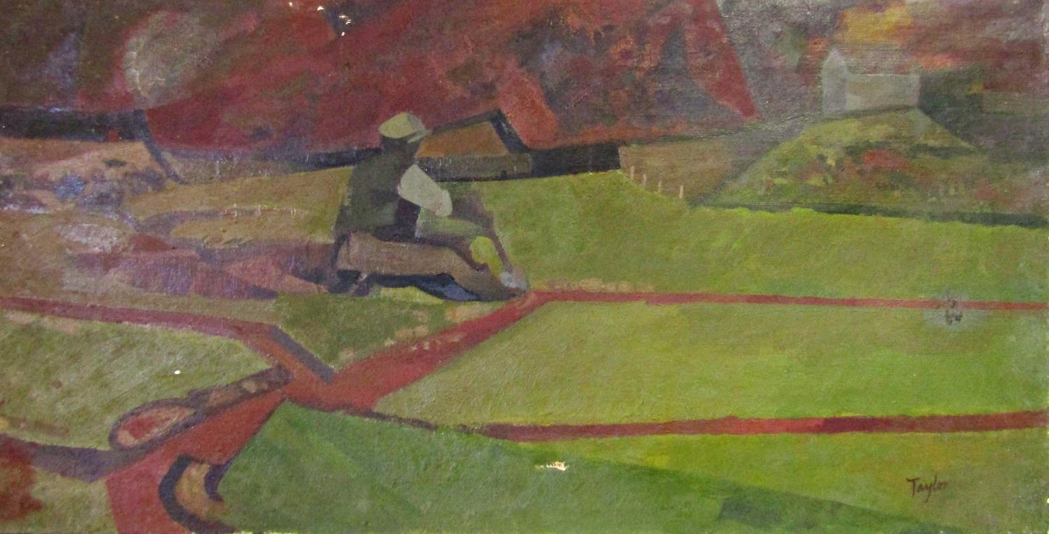 A*C* Taylor (20th century) - 'Labourer Cutting Field Drains', signed, inscribed label verso, oil