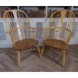 Pair of Ercol light elm 'Chairmaker' chairs, 110 x 62 cm