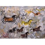 Mid-20th century school - Primitive study of horses, deer and bull, indistinctly signed, work on