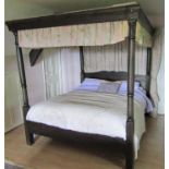 Pine four poster bedstead in an Old English style with base sprung and mattress, 6ft wide x 196cm