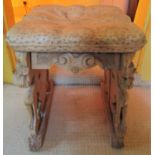 19thcentury continental pine and limewood stool with simulated cushioned top, the supports form by
