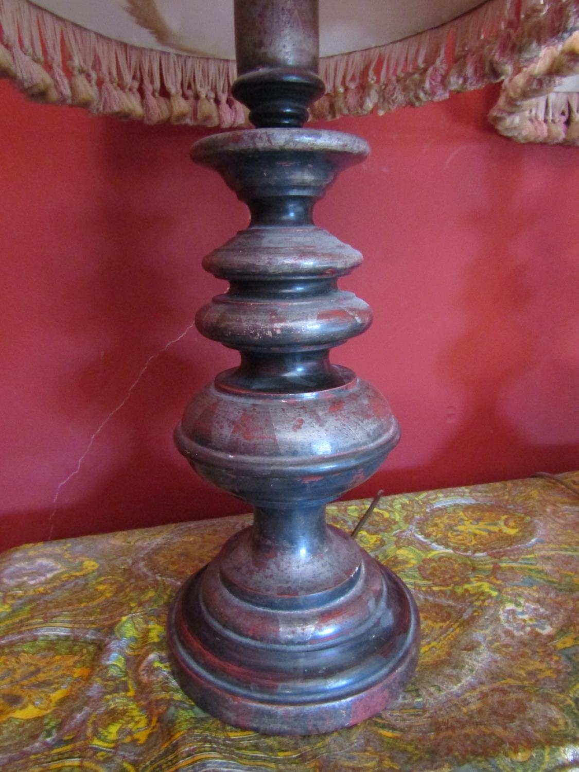 A pair of turned timber table lamps, with simulated pewter lustre finish, 53cm high to bulb holder - Image 2 of 2