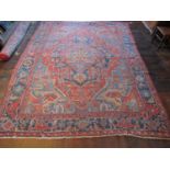 Good old Heriz wool carpet with lozenge shaped medallion, upon alternating blue and red ground