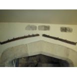 Pair of Old English oak peg hooks, 130cm long