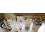 Contents of cafe/kitchen comprising glasses of varying types, mugs, condiments, cupboard, few