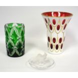 Lalique bird ring tray, a Bohemian ruby overlay vase, 17 cm and another in green (3)