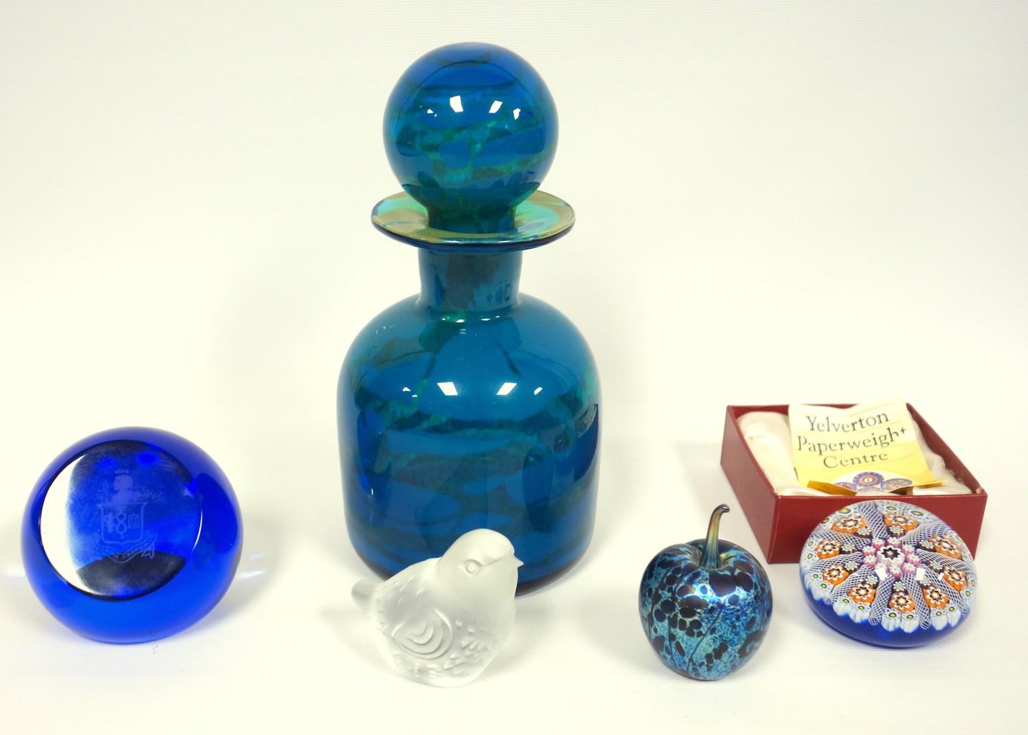 Mdina glass decanter, Baccarat frosted glass bird, Isle of Wight paperweight, and two others (6)