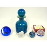 Mdina glass decanter, Baccarat frosted glass bird, Isle of Wight paperweight, and two others (6)
