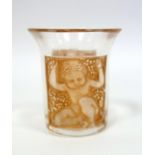 Lalique - Enfant shot glass, clear glass with two stained panels of a child in seated pose, engraved