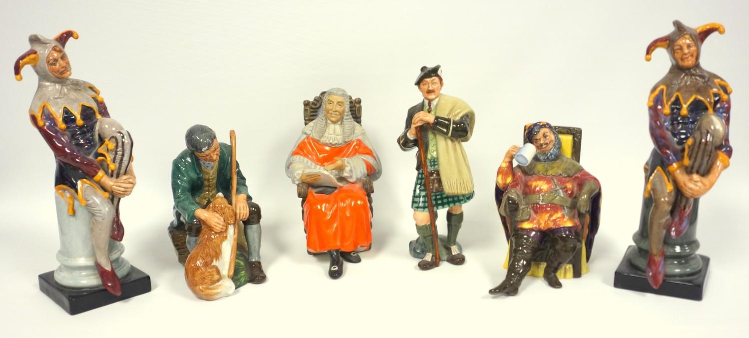 Group of Royal Doulton figures, The Foaming Quart, two The Jester figures in different colourways,