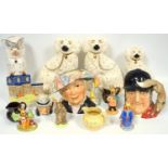 Group of Royal Doulton, Large Gone Away toby jug, Bunnykins figures, Doulton Staffordshire type