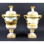 Coalport - a pair of campana vases with covers, commemorating the bicentenary of birth of the painte