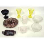 A group of 19th C pressed glass, a pair of Uranium glass trumpet vases, three items of slag glass,