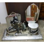 A group of Art Deco items, a mirror with' winged'metal mounts, a bevelled mirror a firescreen,