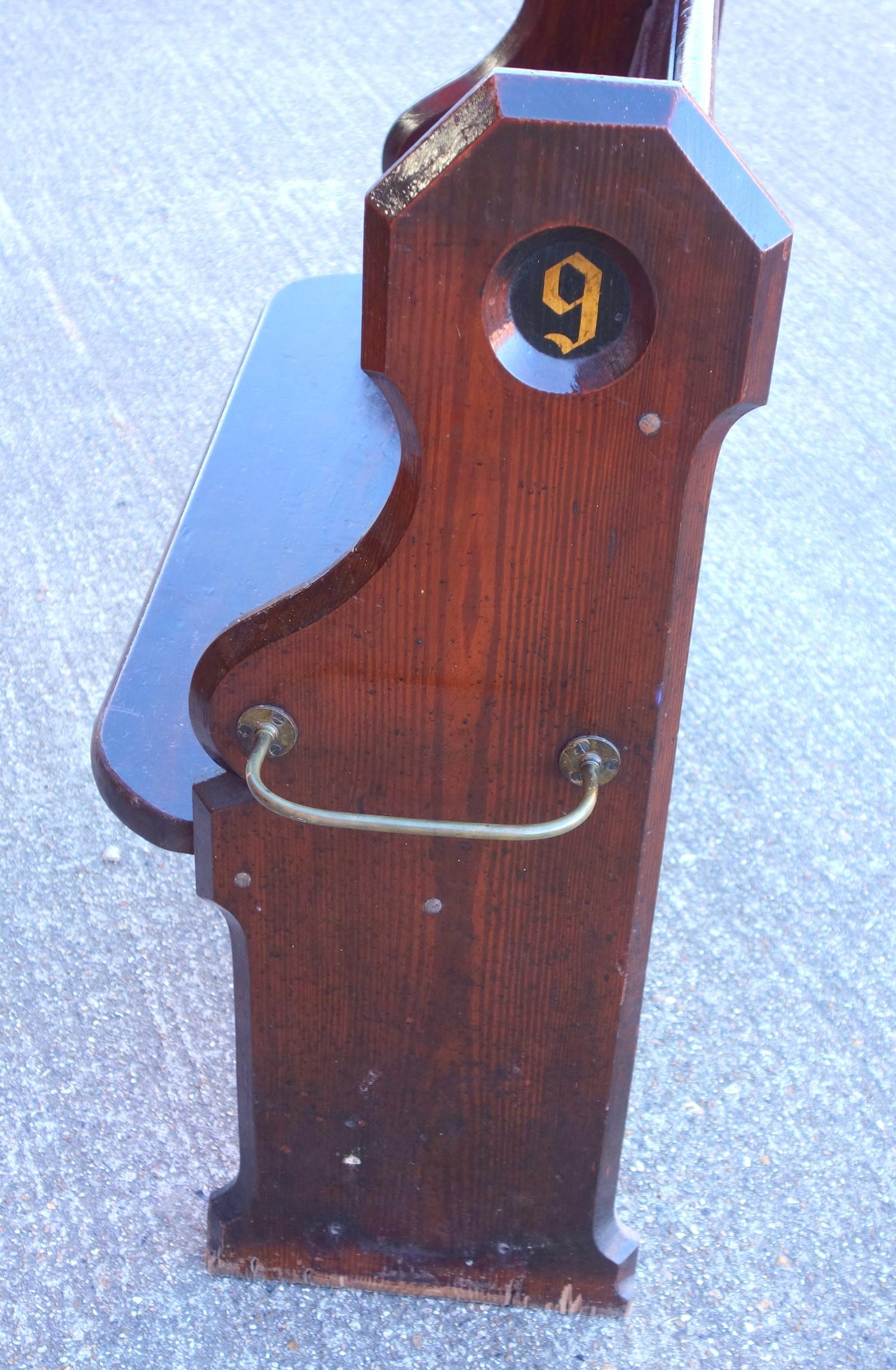 Victorian pine pew seat, numbered on either side and with brass walking stick fittings, 97 x 99 (114 - Image 3 of 5