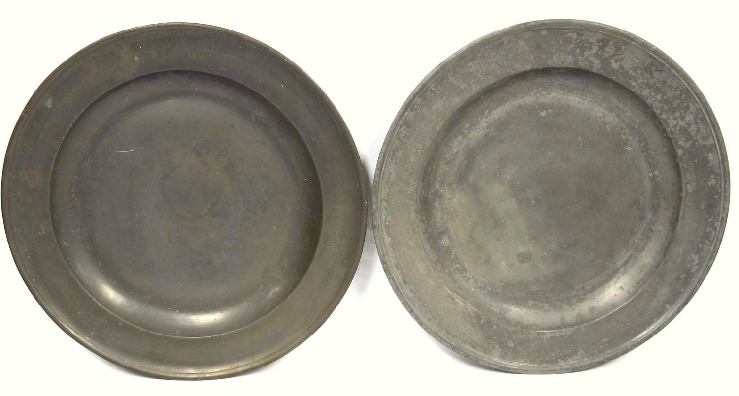 Two 18th century pewter chargers, one with touch mark S. Duncum, also a crowned rose and London,