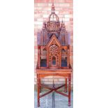 Decorative Cathedral birdcage, hardwood and metal, on stand with carved supports the x stretcher