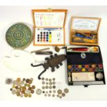 Mixed group of items including cast iron boot jack, artists paints, various and silver coins, silver