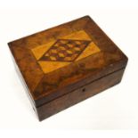 Victorian burr maple box with Tunbridge Ware tumbling blocks pattern to top 12 x 19 x 26cm