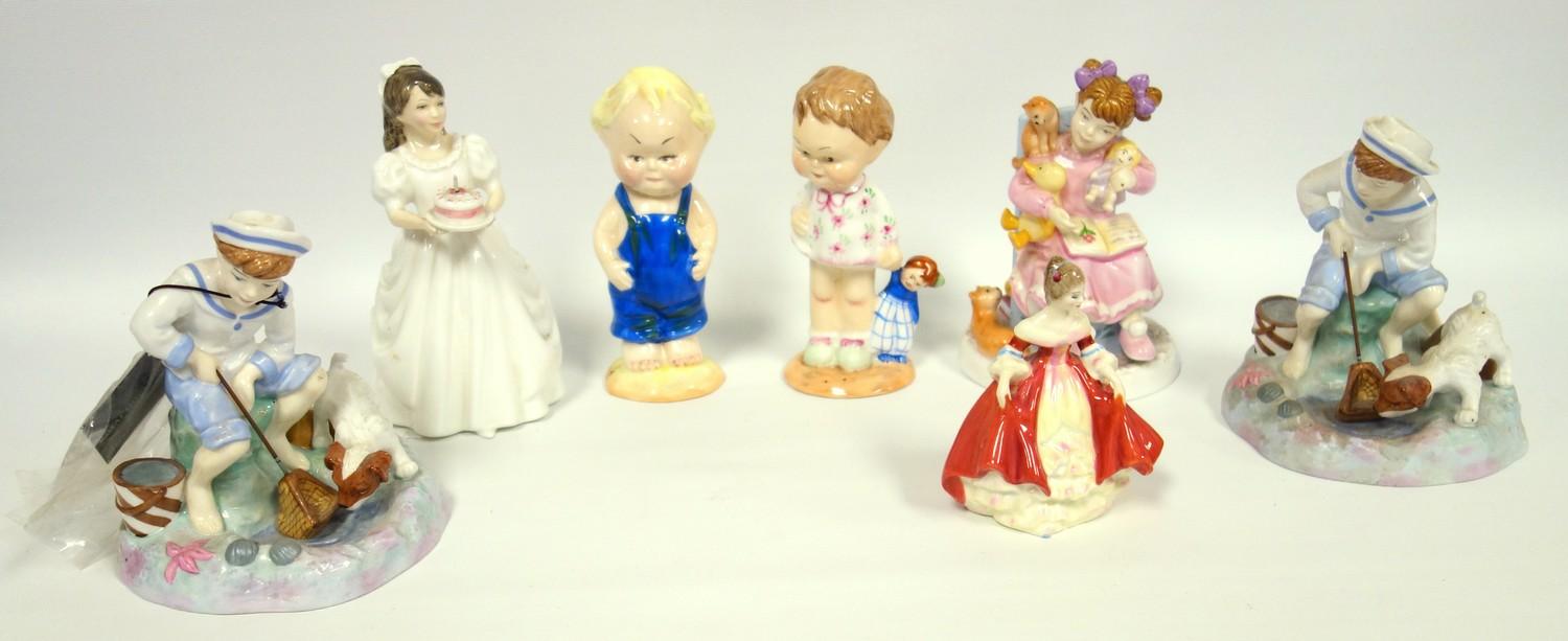 Shelly, Mabel Lucie Attwell figures, Lil Bill and Lilibet, numbered 566, three Doulton Childhood