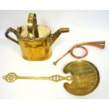 Late Victorian brass hot water can, height 29cm, a hand held pierced brass and copper rivetted
