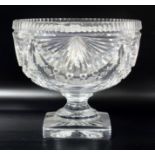 Large Fan pattern cut glass fruit bowl raised on a square foot, H. 21.5 cm, Dia. 23 cm, Wt. 4.49kg.