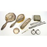 Edwardian silver hand mirror and brush set, a silver compact, two silver pocket watches and heavy