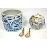 Chinese jardiniere painted with dragons and auspicious symbols, a pair of Cantonese spoons and a