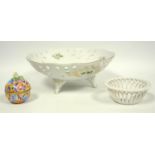 Herend Hungary, small hand painted pot pouri and basket, Hollohaza pierced bowl, Noritake Coffee