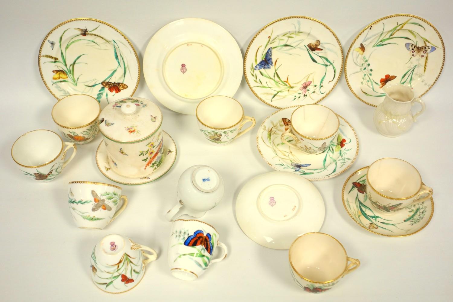 19th C. Worcester part tea set comprising eight cups, two saucers, five plates, painted with butterf - Bild 3 aus 3