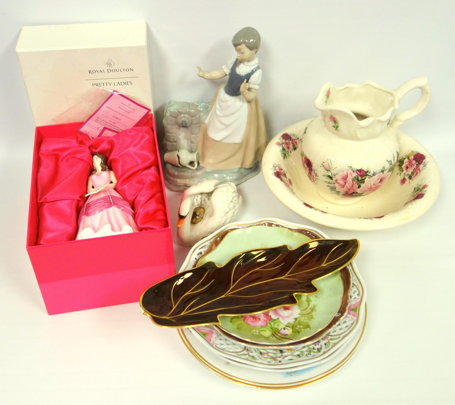 Royal Doulton figure,'Grace' HN4906, boxed, Goebel Swan and signets, Nao figure of a girl, water