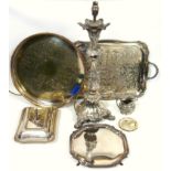 A group of silver plate including ornate table lamp, silver on copper galleried tray and other items