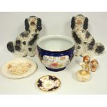 Pair of Staffordshire ceramic dogs, silver lidded jar, decorative jardiniere, cameras, Worcester