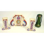 Art Deco mantle clock and garniture by Ceranord St Amand, France, and an Secessionist Eichwald vase,