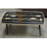 A mid-20th C. coffee table with abstract design glass top in black and gold, 48 x 65 x 91 cm