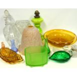 Mixed lot of glass, including a cut glass inkwell with hinged top, decanters and lampshades