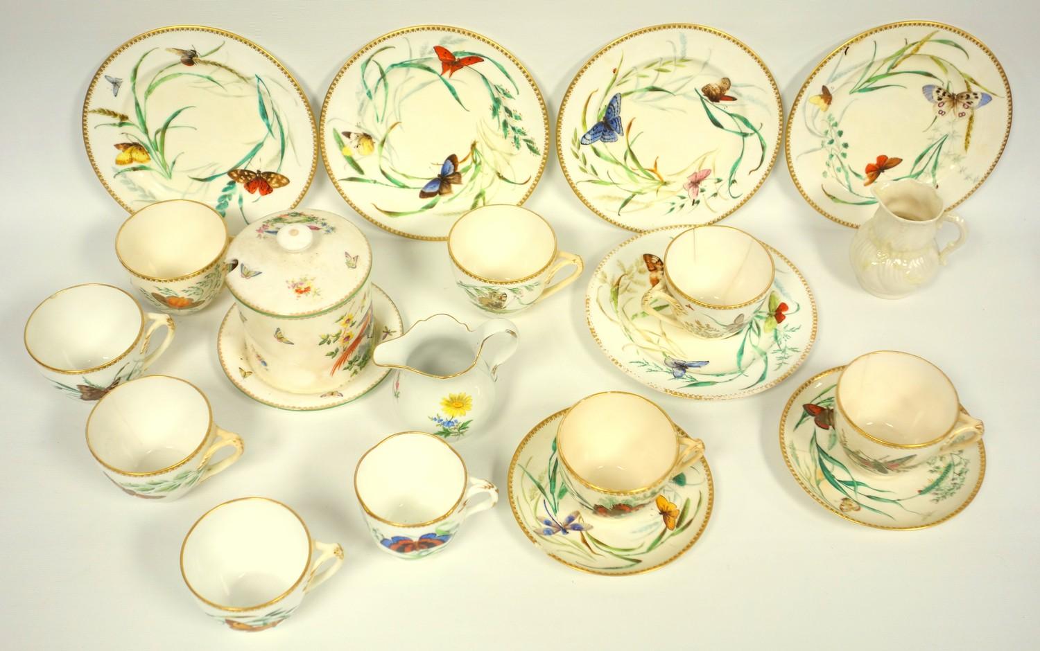 19th C. Worcester part tea set comprising eight cups, two saucers, five plates, painted with butterf - Bild 2 aus 3