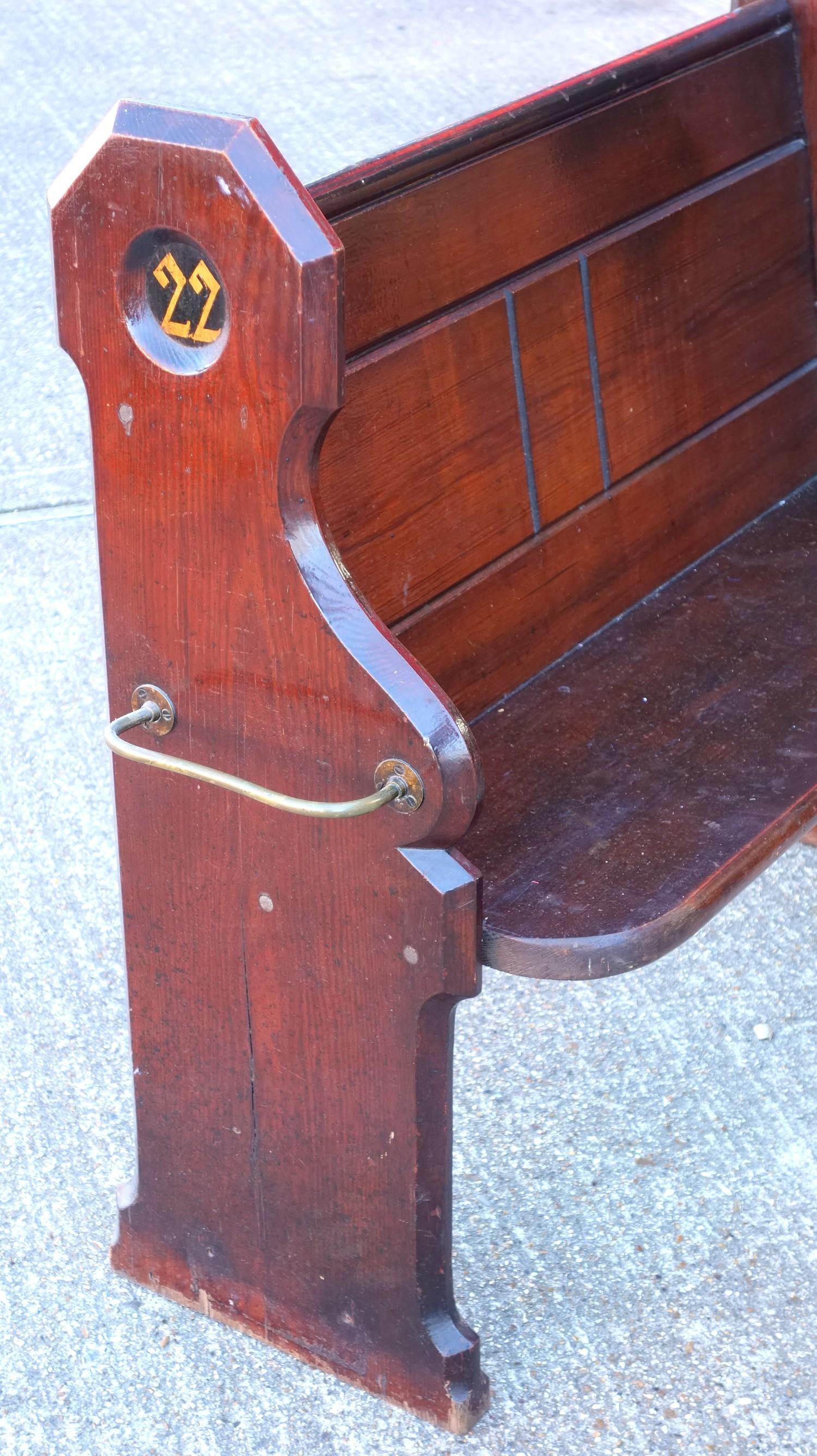 Victorian pine pew seat, numbered on either side and with brass walking stick fittings, 97 x 99 (114 - Image 2 of 5