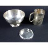 Silver footed bowl Sheffield, 1904, a Christening mug with engraved decoration, both with personal