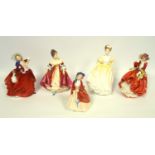 Royal Doulton figure Autumn Breezes, and four others, Top 'O The Hill, Southern Belle, Natalie,