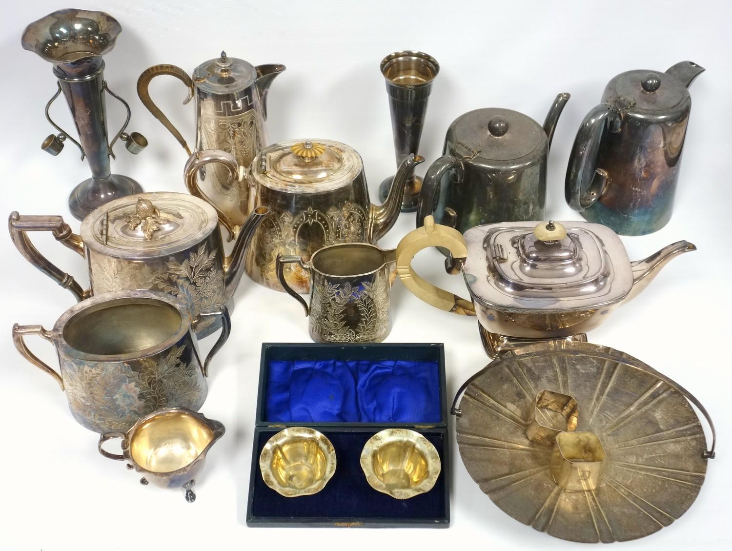 Quantity of silver plate including a tea pot with engraved decoration of ferns