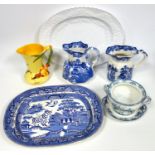 Burleigh Ware Kingfisher jug, Mason blue and white transfer printed jugs, other blue and white and a