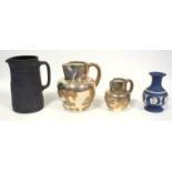 Two unusual Harvest jugs, with copper and silver plating, tallest 17 cm, a Wedgwood black basalt