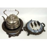 Antique Dutch spirit stove, the tin and copper kettle with Delft ceramic handle, Edwardian