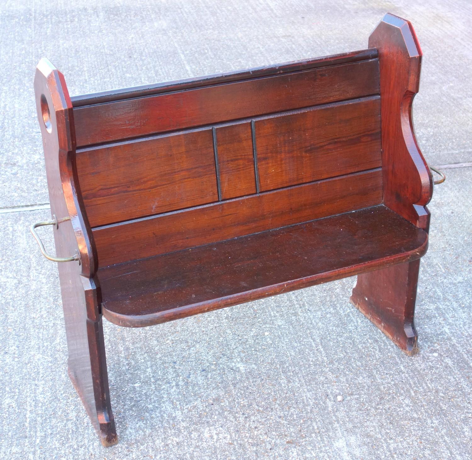 Victorian pine pew seat, numbered on either side and with brass walking stick fittings, 97 x 99 (114