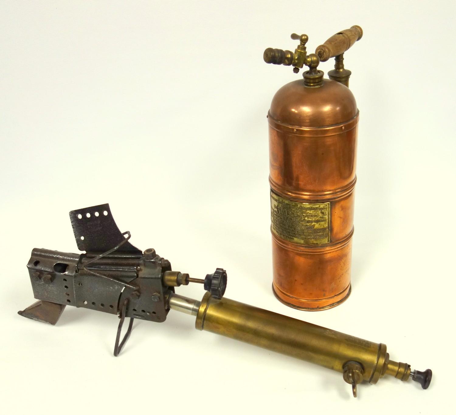 French brass and copper garden spray pump 'Pulverisateur Systeme Muratori', and an old 'Rapide'