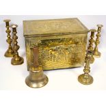 A wooden handled brass bell, two pairs of 19th Century brass candlesticks, another candlestick and