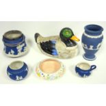 Wedgewood, dark blue Jasper Ware vase, other items of Jasper ware, a Poole Pottery dish, and a