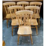 Set of six pine and beech fiddle back chairs